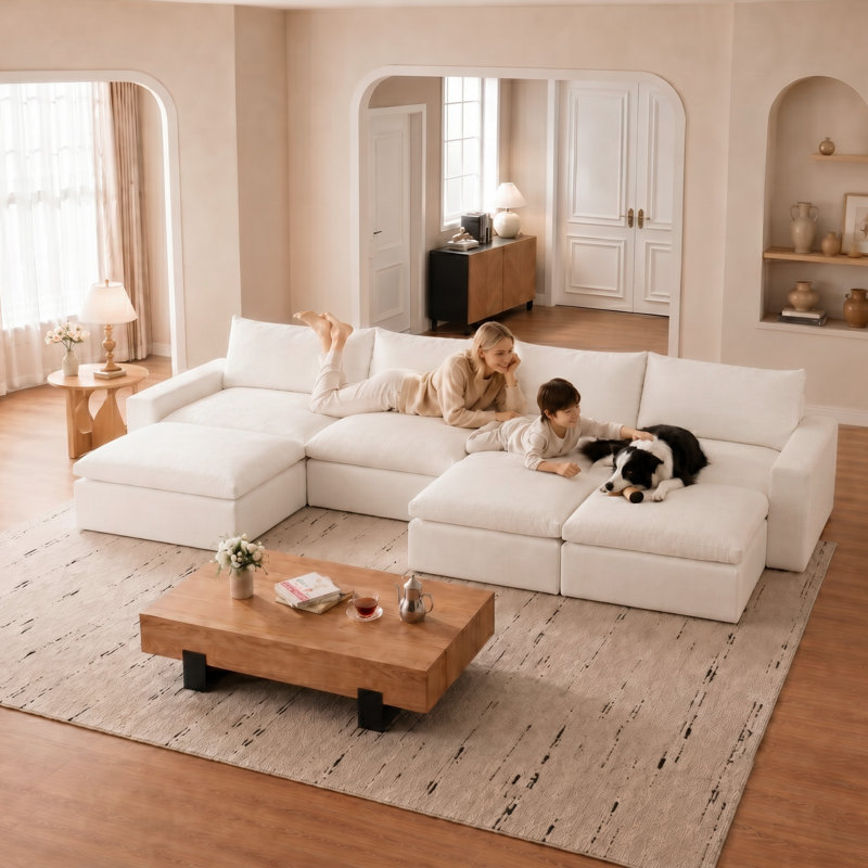 146.5" Sectional Cloud Couch, Modular Comfy Sofa, Deep 4 Seats with 3 Storage Ottomans