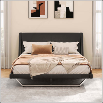Structure de lit tapissier pour grand lit, plateforme en cuir de polyuréthane avec des courbes ondulées et des pieds trapézoïdaux, aucun sommier requis, noir