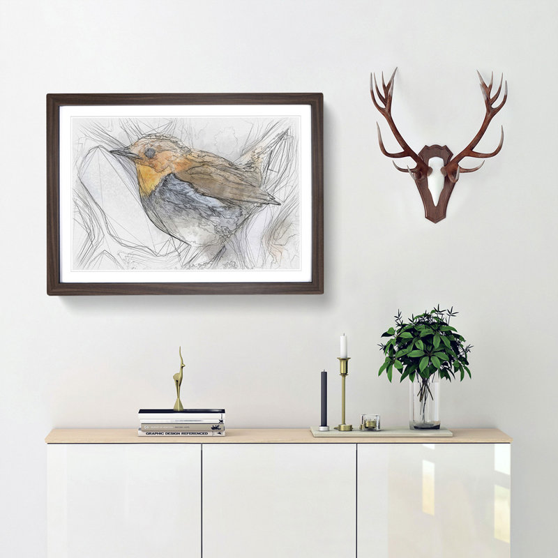 Charming Robin Bird - Picture Frame Graphic Art Print, Walnut Framed, 40cm H x 60cm W x 2cm D