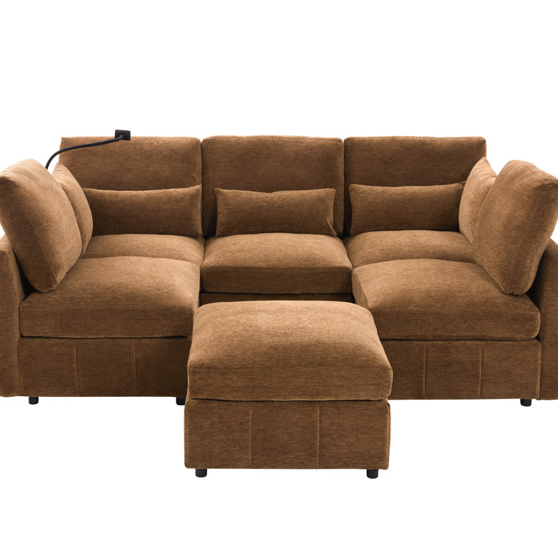 Brown 85.4" Multi - Functional Modular Sectional With Charging Ports, Phone Holder, And Lumbar Pillows For Contemporary Home Decor L Shaped Movable , Ergonomic Flexible Furnishing