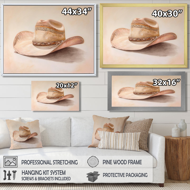 Cowboy Hat - Cowgirls, art mural, Toile avec cadre flottant brun, H 34 po x l 44 po x P 1,5 po