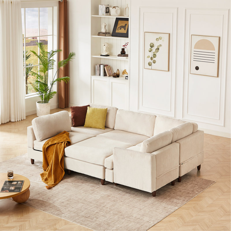 Canapé modulaire moderne, canapé convertible 6 places, Velours côtelé beige