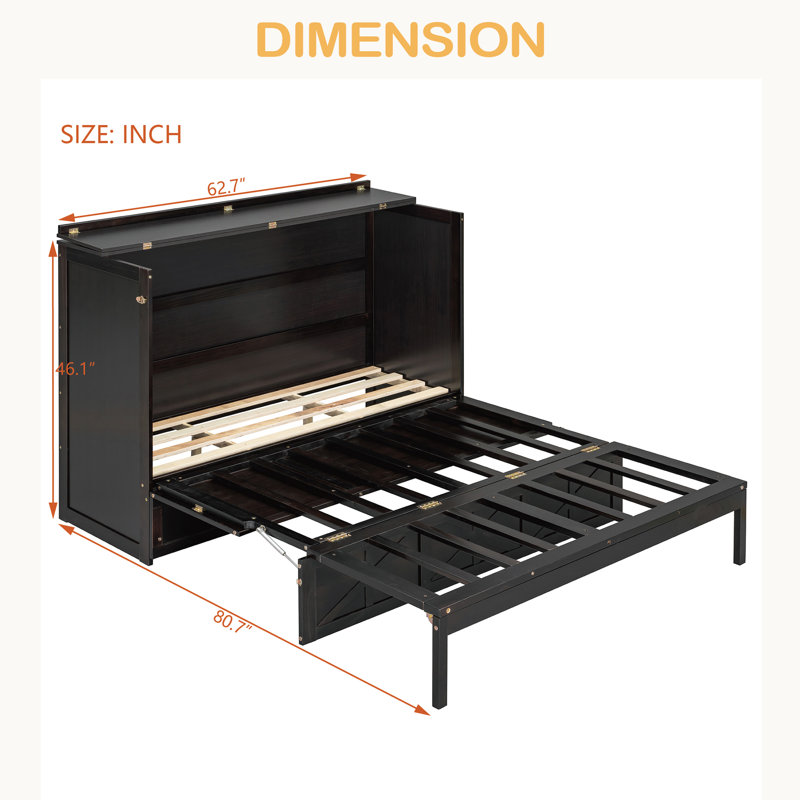 Grand lit escamotable avec grands tiroirs et port USB, Espresso