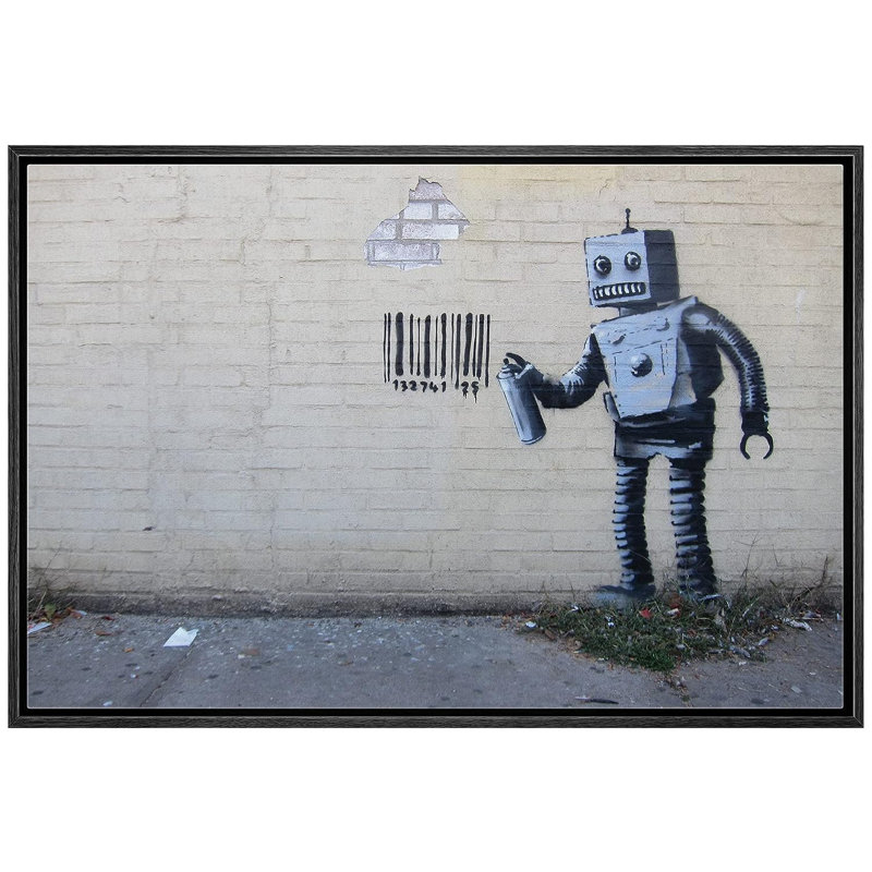 Banksy Robot Spray, peinture à code-barres sur toile, H 16 po x l 24 po x P 1,5 po, Cadre flottant noir