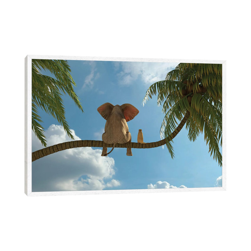 Elephant And Dog Sit On A Palm Tree by Mike Kiev - Print on Canvas, 66.04 cm H x 45.72 cm W, White Framed