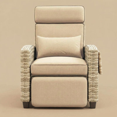 Adjustable Outdoor Wicker Recliner Chair, 150° Patio Lounge Seating with Flip-Up Side Table, Rattan Armchair with Thick Cushions for Garden Deck Poolside, Brown Khaki