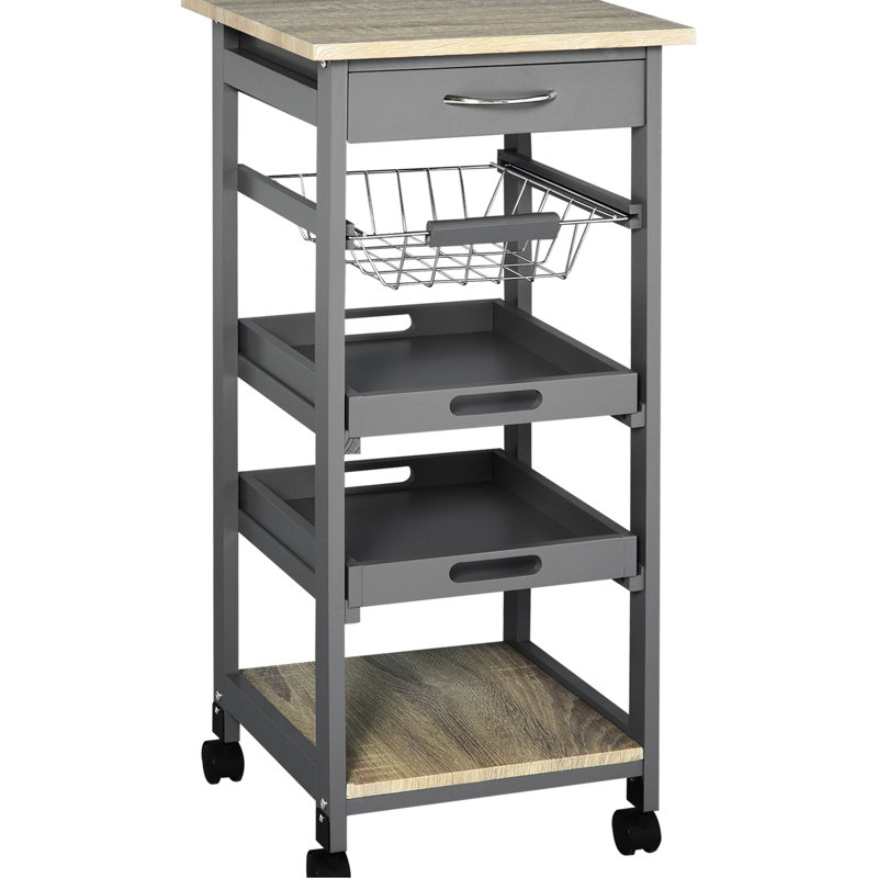 Chariot mobile pour îlot de cuisine avec tiroir et panier en dessous, gris roulant et panier de rangement