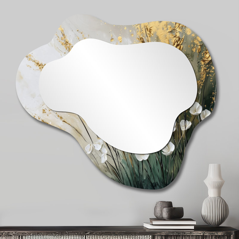 Minimaliste Golden Ferns Bouquet Bloom - miroir décoratif asymétrique fougères, miroir mural irrégulier moderne, imprimé sur métal