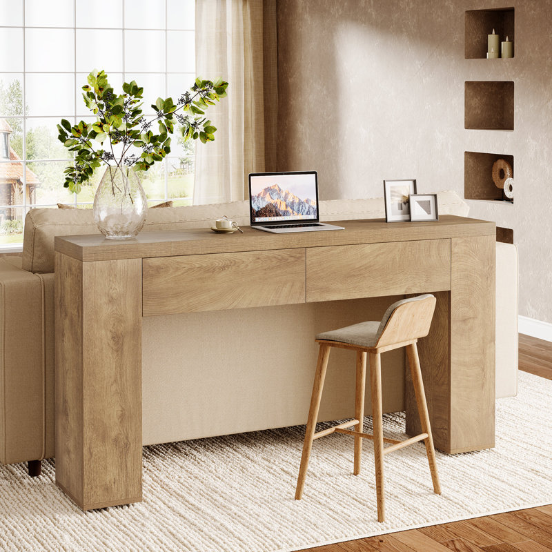 63" Wood Console Table With Drawers, Rustic Brown Sofa Console Table For Living Room, Hallway, Entrance,