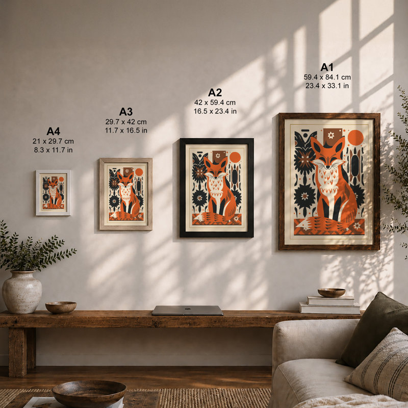 Folk Art Fox Scandinavian - Framed Print, Unframed, A3 - 42.0 x 29.7 cm