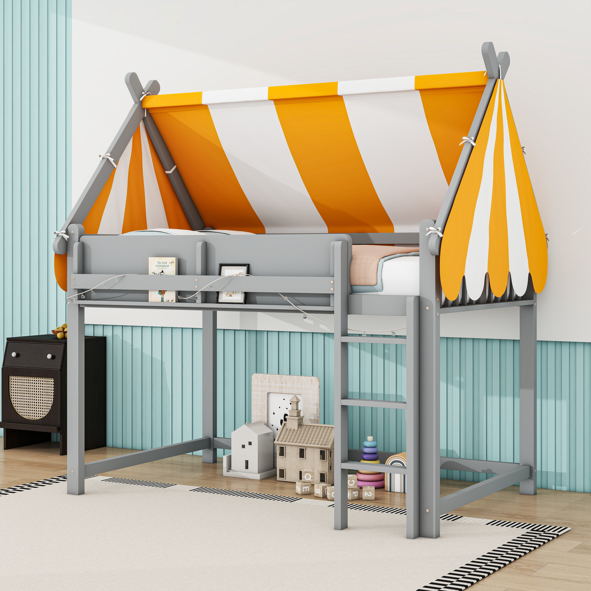 Harriet Bee Wood Loft Bed with Bookshelf and LED Lights,Canopy ...