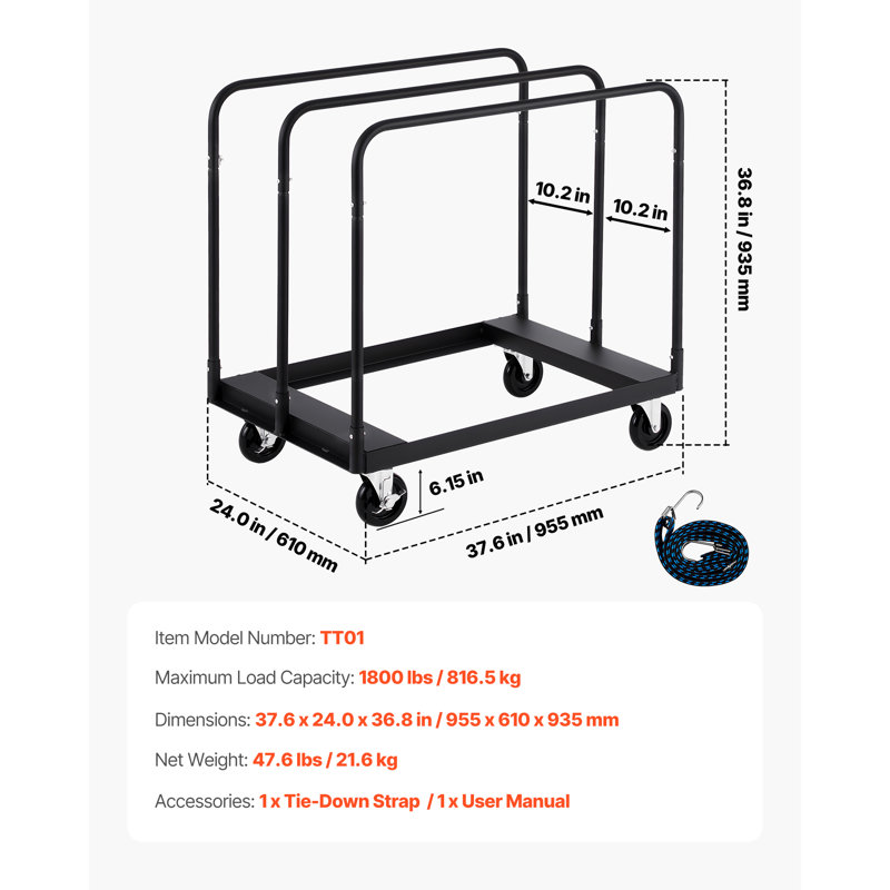 Drywall Cart Dolly, 1800 lbs Load Capacity, Steel Panel Truck Cart with 5 inch Swivel Casters, Lumber Drywall Dolly with with Tie-Down Strap & 3 Side Handrails for Factory, Warehouse, Garage, Black
