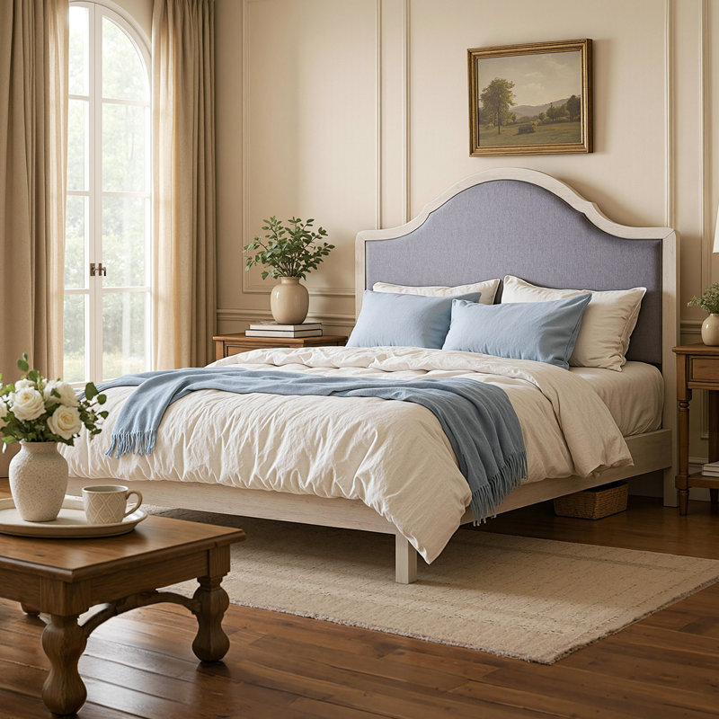 Solid Wood Platform Bed with Upholstered Headboard, Modern Design, No Box Spring Needed, White, Full / Double