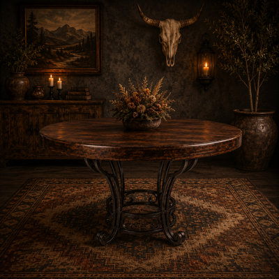 80" Round Mesquite Dining Table | Solid Wood, Wrought Iron Base | Rustic Ranch Furniture
