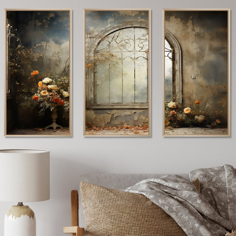 Haunt Floral Gothic Windows I - Floral Wall Art mural, Cadre flottant brun, H 32 po x l 48 po