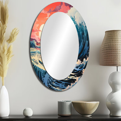 Dramatic Ocean Waves II - Grand miroir mural ovale sur métal