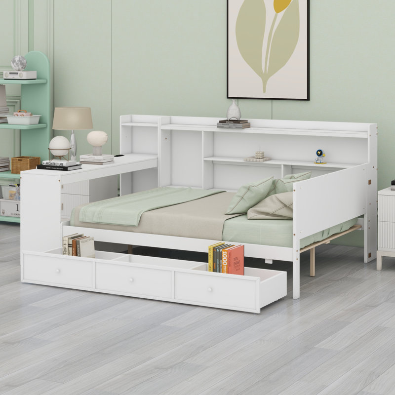 Lit de jour avec tiroirs, ports USB et bureau, Double, Blanc