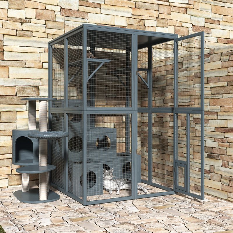 Catio d'extérieur avec 7 boîtes en bois combinées Freely