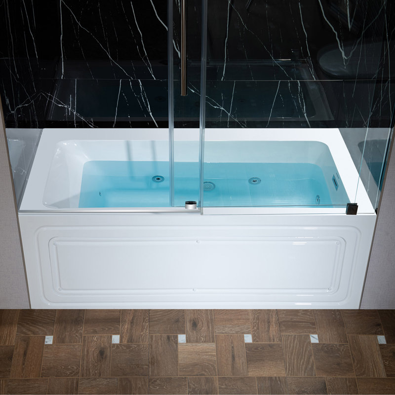 Baignoire tourbillon rectangulaire en acrylique 60 po x 30 po en alcôve blanche avec bonde et trop-plein, Chrome poli, Droite