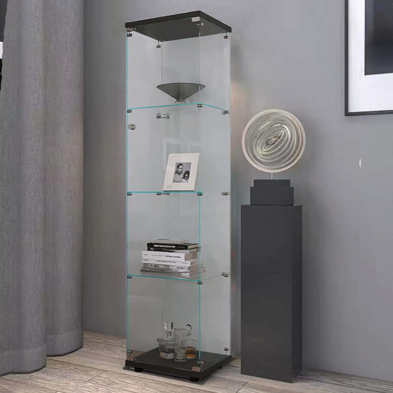 Armoire en verre noire à 4 tablettes avec une porte - étagère de rangement pratique à 4 tablettes