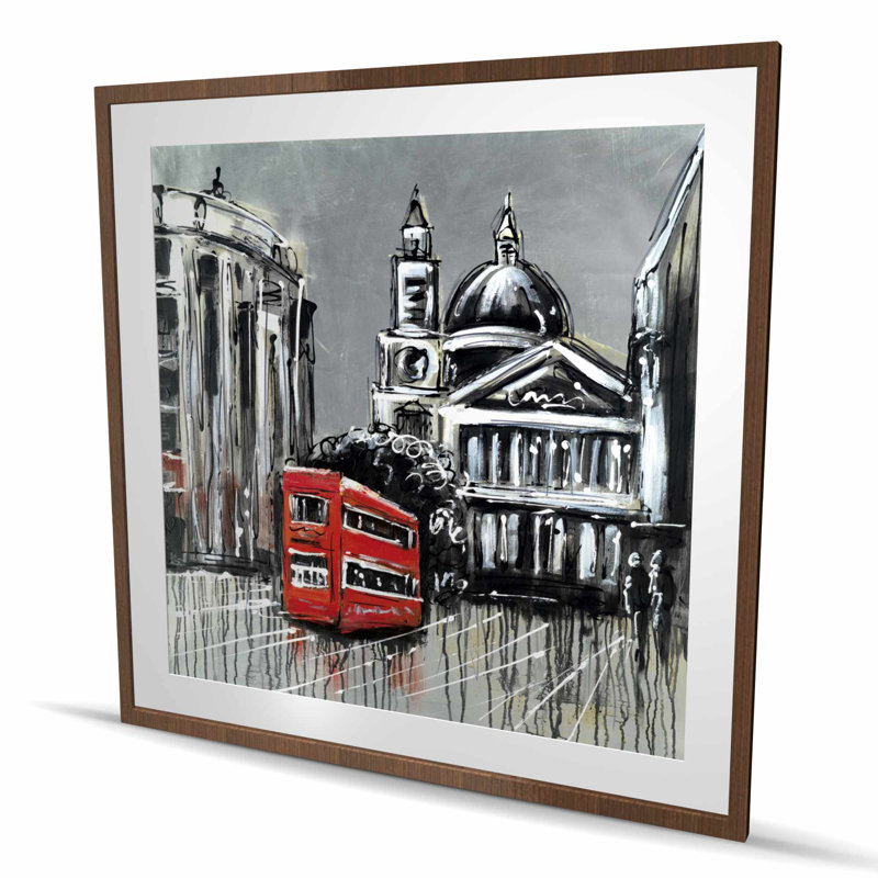 London Street with Red Bus - reproduction encadrée avec passe-partout, H 48 po x l 48 po, Brun