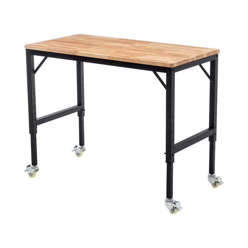 Établi réglable 48 po, table d'atelier en bois d'hévéa avec roues en métal