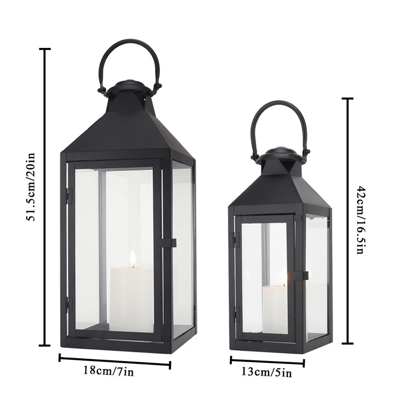 JHY DESIGN Set of 2 Metal Lanterns with Tempered Glass Farmhouse Candle Holders, Black