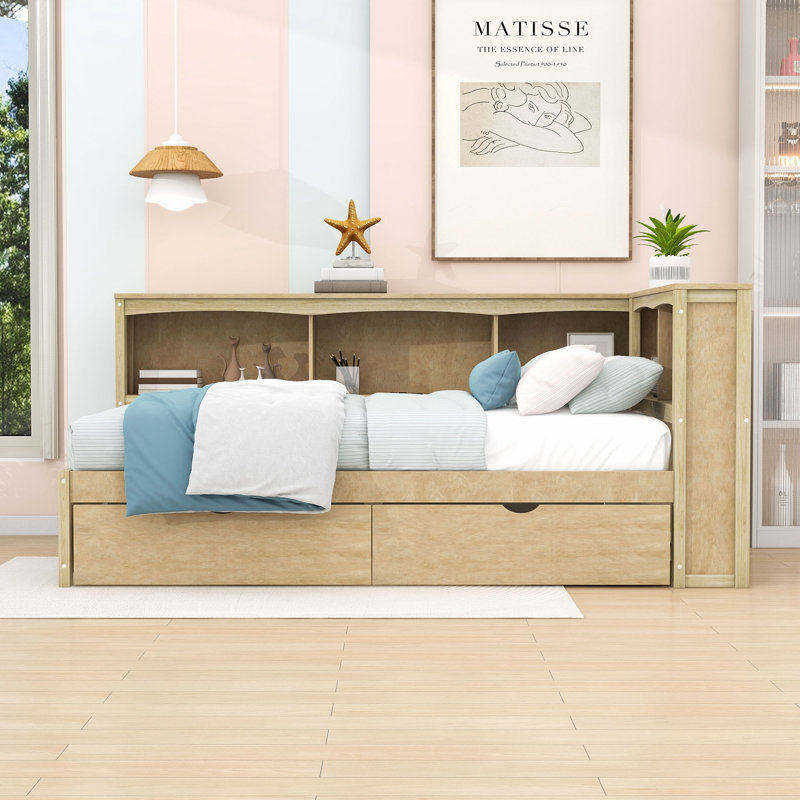 Twin Size Daybed, Built-In Storage, and Charging Station, Natural, Drawers
