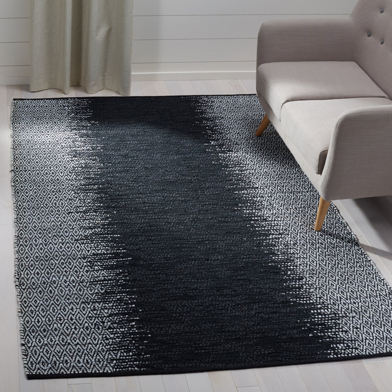 Phillis Vintage Leather Hand Woven Leather/Cotton Geometric Rug in Light Gray/Black, Rectangle 5' x 8'
