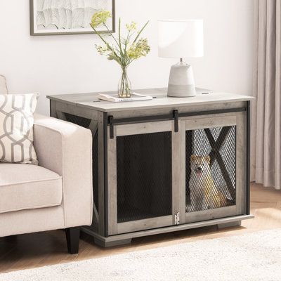 Chenil en bois pour chien avec porte coulissante et compartiment de rangement, côté à mâcher gris