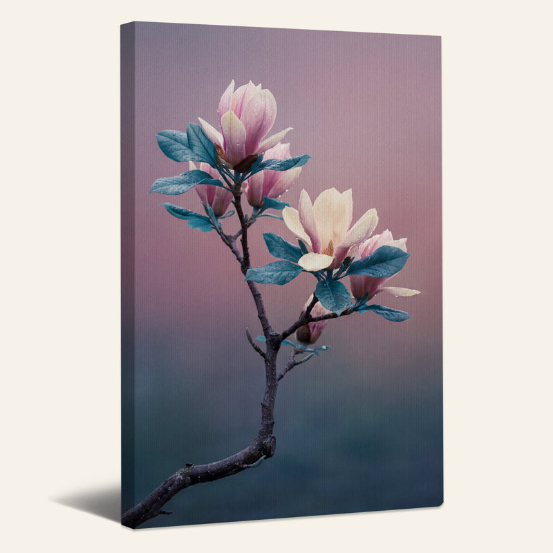 Art sur toile, branche de magnolia rose avec feuilles bleu sarcelle et gouttelettes d'eau, H 48 po x l 32 po