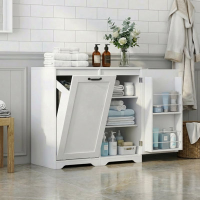 Armoire à linge blanche inclinable avec tablettes réglables et rangement à 3 niveaux