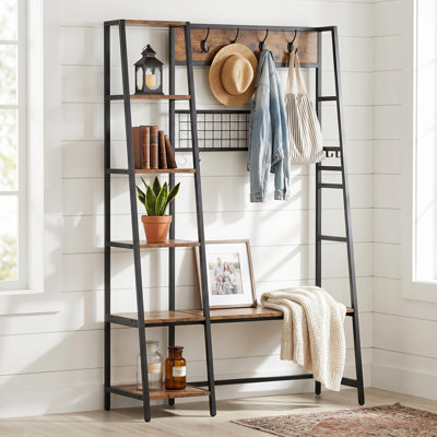 Arbre d'entrée avec l 43 po x P 16 po x H 67 po avec crochets, tablette et banc à chaussures, portemanteau en bois d'ingénierie et structure en acier pour couloir, chambre à coucher, appartement, noir mat et rétro