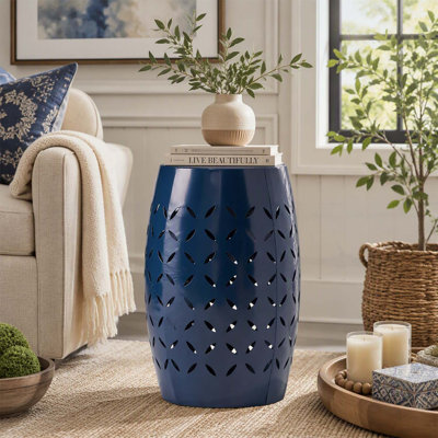 Lilac 12 Inch Metal Outdoor Side Table, Dark Blue Leaf Cutout Accent, Weather-Resistant Iron End Table for Patio and Garden