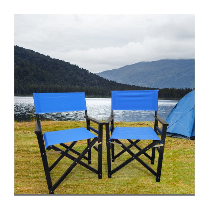 Ensemble de 2 chaises de réalisateur pliantes avec sièges en toile, structure en bois massif Populus, bleu