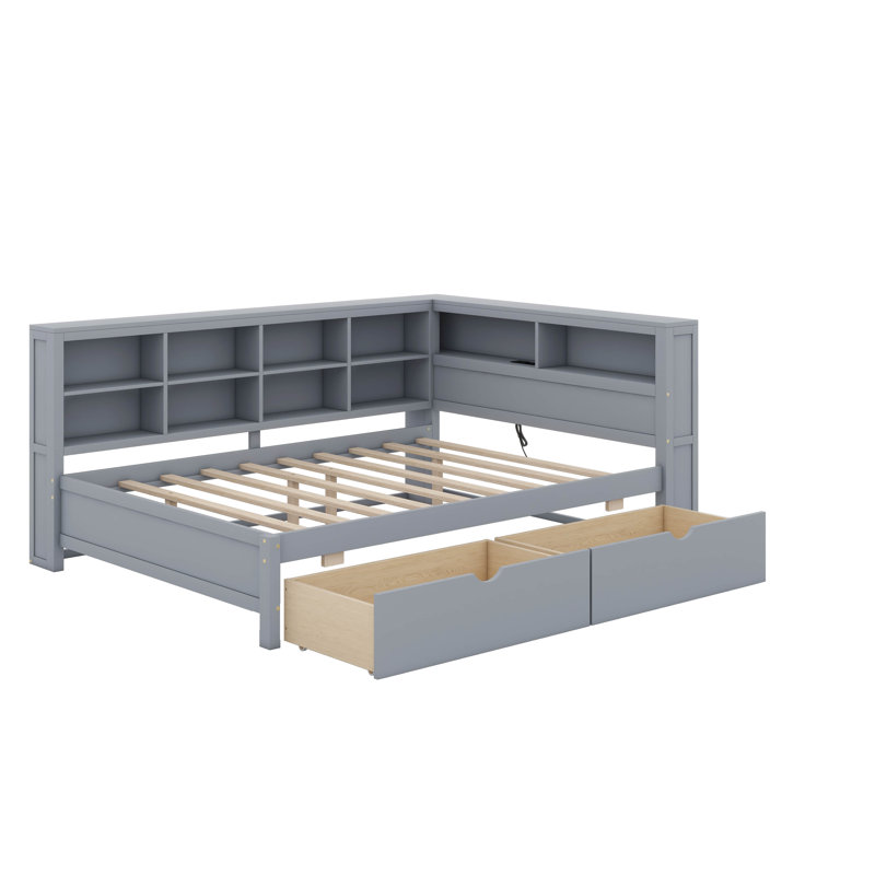 Lit de jour moderne double avec 2 tiroirs, cadre de lit en bois avec tablettes de rangement et ports USB, Complet/Double