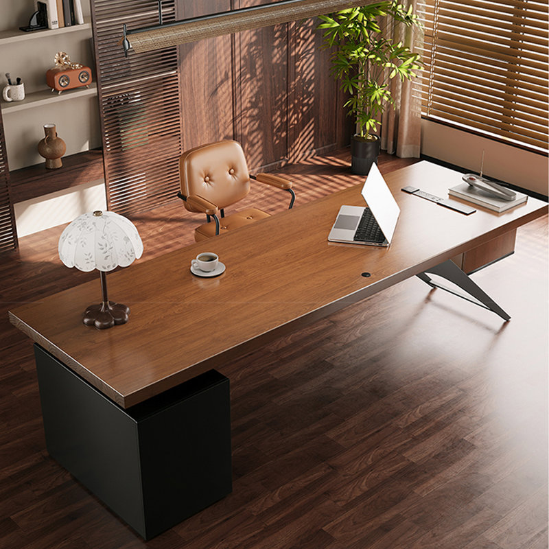 Bureau rectangulaire brun et noir en bois massif et acier au carbone avec 4 tiroirs, H 29,53 po x l 62,99 po x P 27,56 po