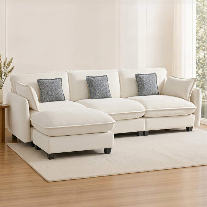 Canapé modulaire surdimensionné surdimensionné, canapé modulaire 3 places en L avec repose-pieds, Tissu beige