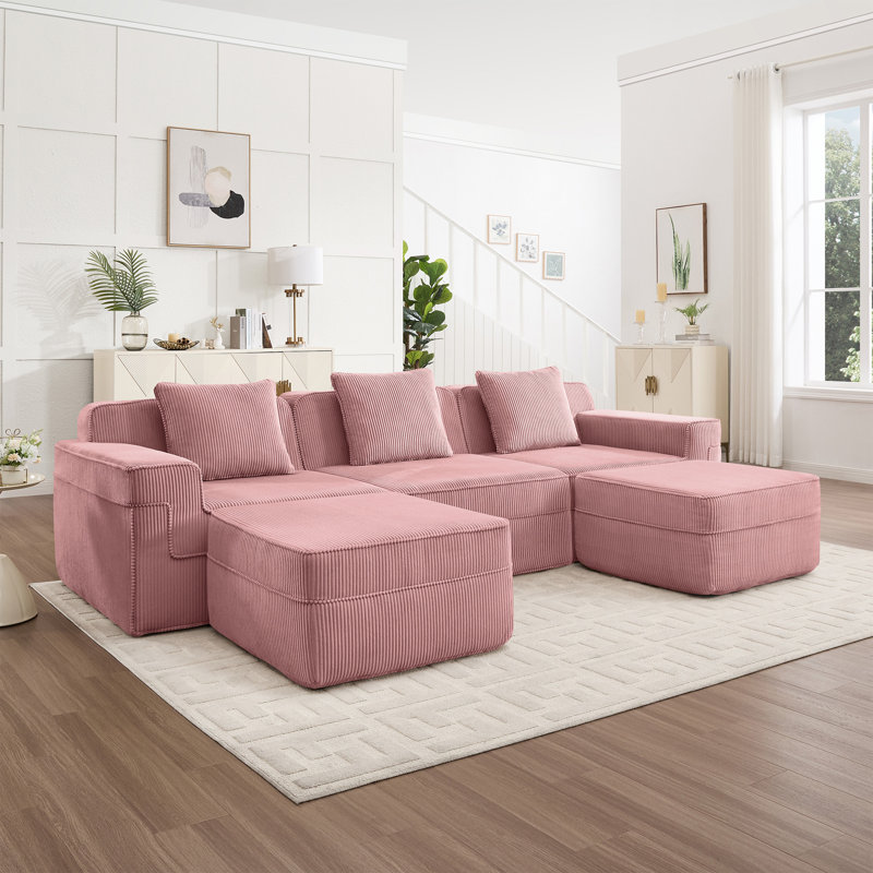 Modular 3 Seat U Shape Sectional Boneless Sofa, Pink