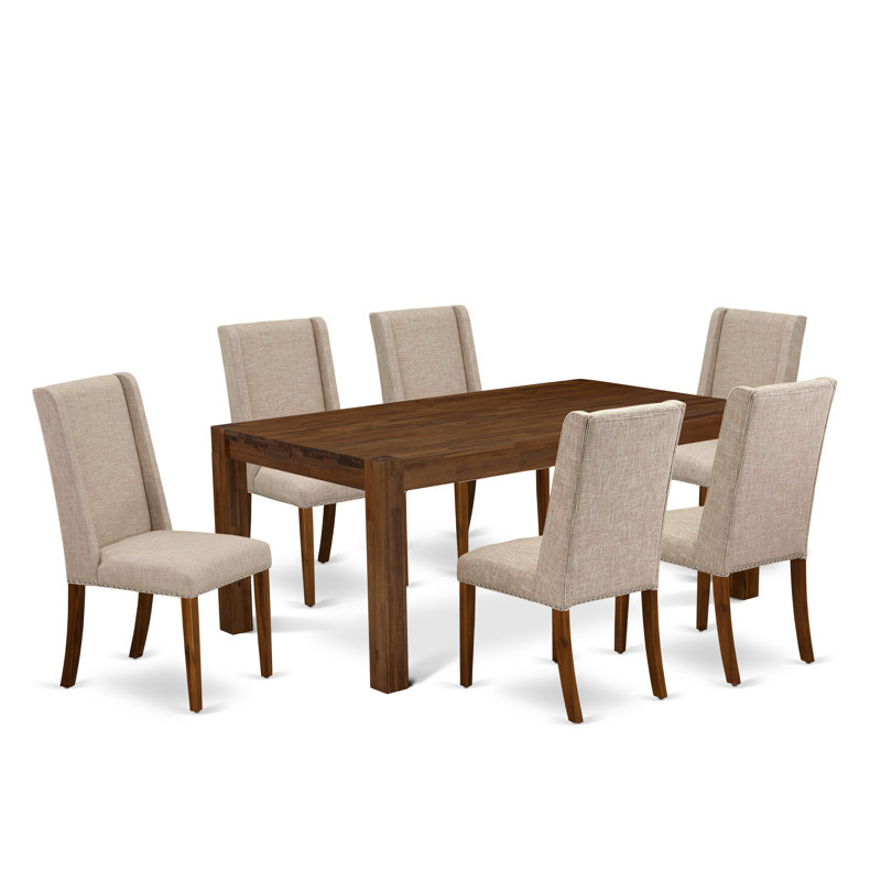 7 Piece Dining Set Consist of a Rectangle Rustic Wood Dining Room Table and 6 Light Tan Linen Fabric Upholstered Parson Chairs, Antique Walnut
