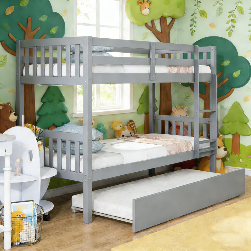Lit superposé simple au-dessus de simple en bois massif avec lit gigogne et échelle, convertible en 2 lits simples et 1 lit gigogne simple