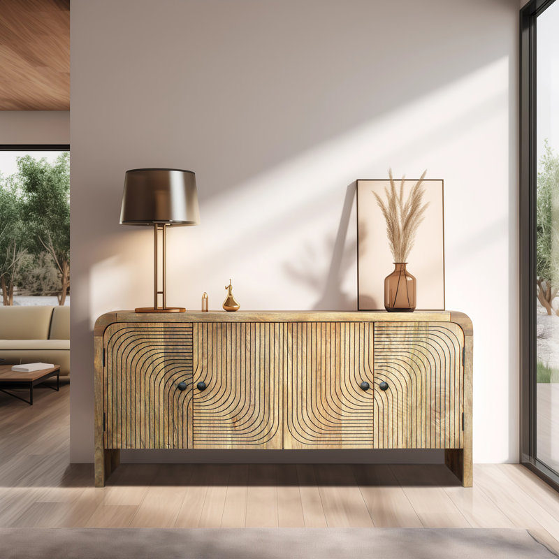 Neutral Textured Mango Wood 30" Carved Front Waterfall Edge Sideboard in Brown - 63" x 16" x 30"