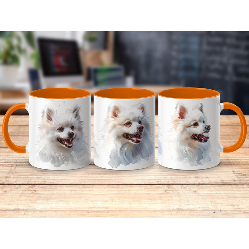 11oz Watercolour White Pomeranian Design Coffee Mug, Orange, 4