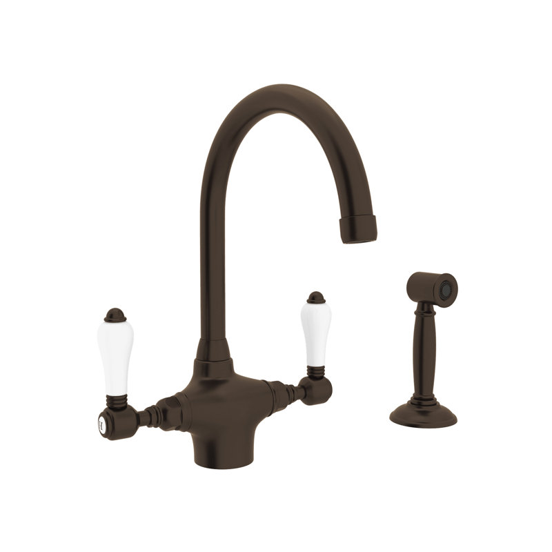 San Julio Two Handle Kitchen Faucet With Side Spray, Tuscan Brass/White