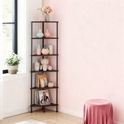 Industrial 6-Tier Corner Bookshelf With Metal Frame, Space-Saving Wall Shelf For Small Spaces, Display Shelf For Living Room And Bedroom