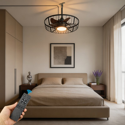 Ventilateur de plafond industriel en cage de 21,65 po avec lumière, pales en bois réversible, éclairage à DEL à intensité variable et télécommande, ventilateur encastré à profil bas pour cuisine de chambre à coucher