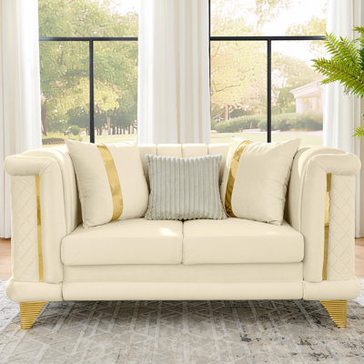 Beige Luxury 69 Inches Mid Century Modern Victorian Velvet With Gold Trims And Embroidered Pattern, Couch For Living Room, 3 Pillows, Rolled Arms, Foam Filler Beige, Luxury, Inches, Modern,
