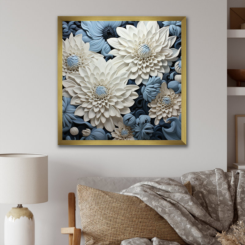 "Graceful Mums" noir et bleu pâle, peinture III sur toile, Cadre doré simple, H 16 po x l 16 po x P 1 po
