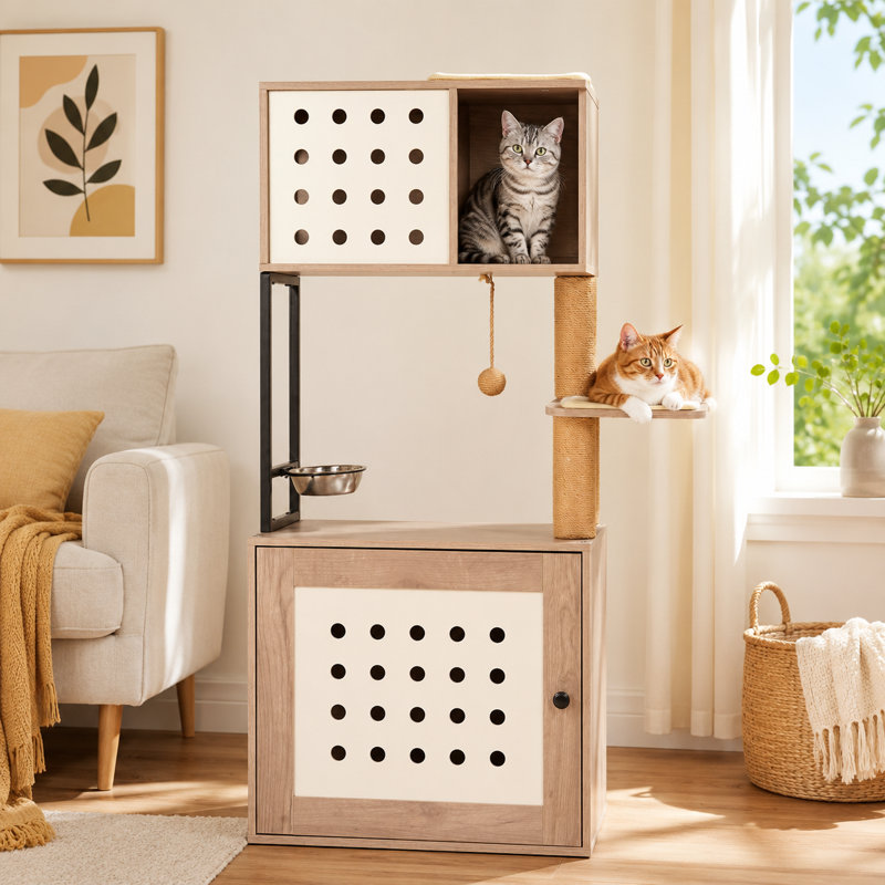 Grand arbre à chat 47 po avec bac à litière dissimulé - Plates-formes multi-niveaux et poteaux à griffer
