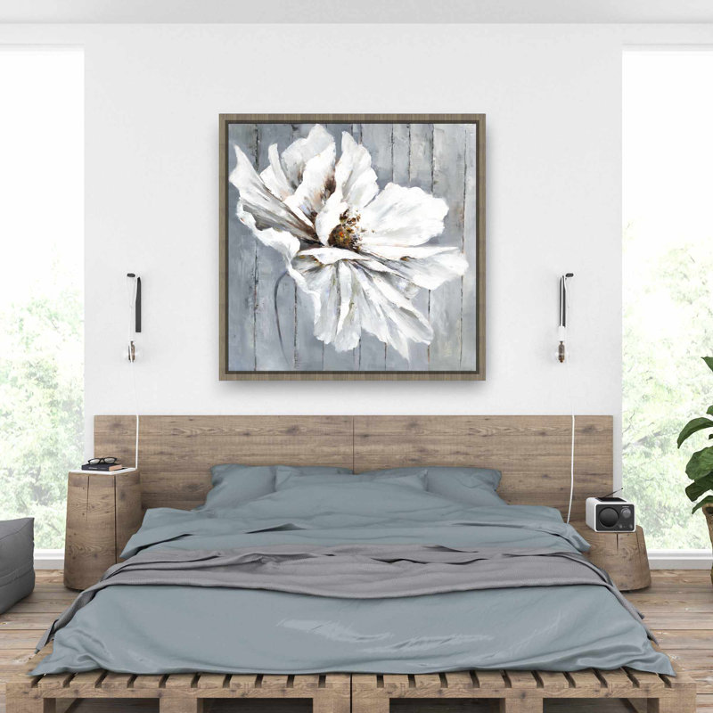 Fleur sur bois - Décoration de chambre à coucher encadrée pour chambre bleue, Brun